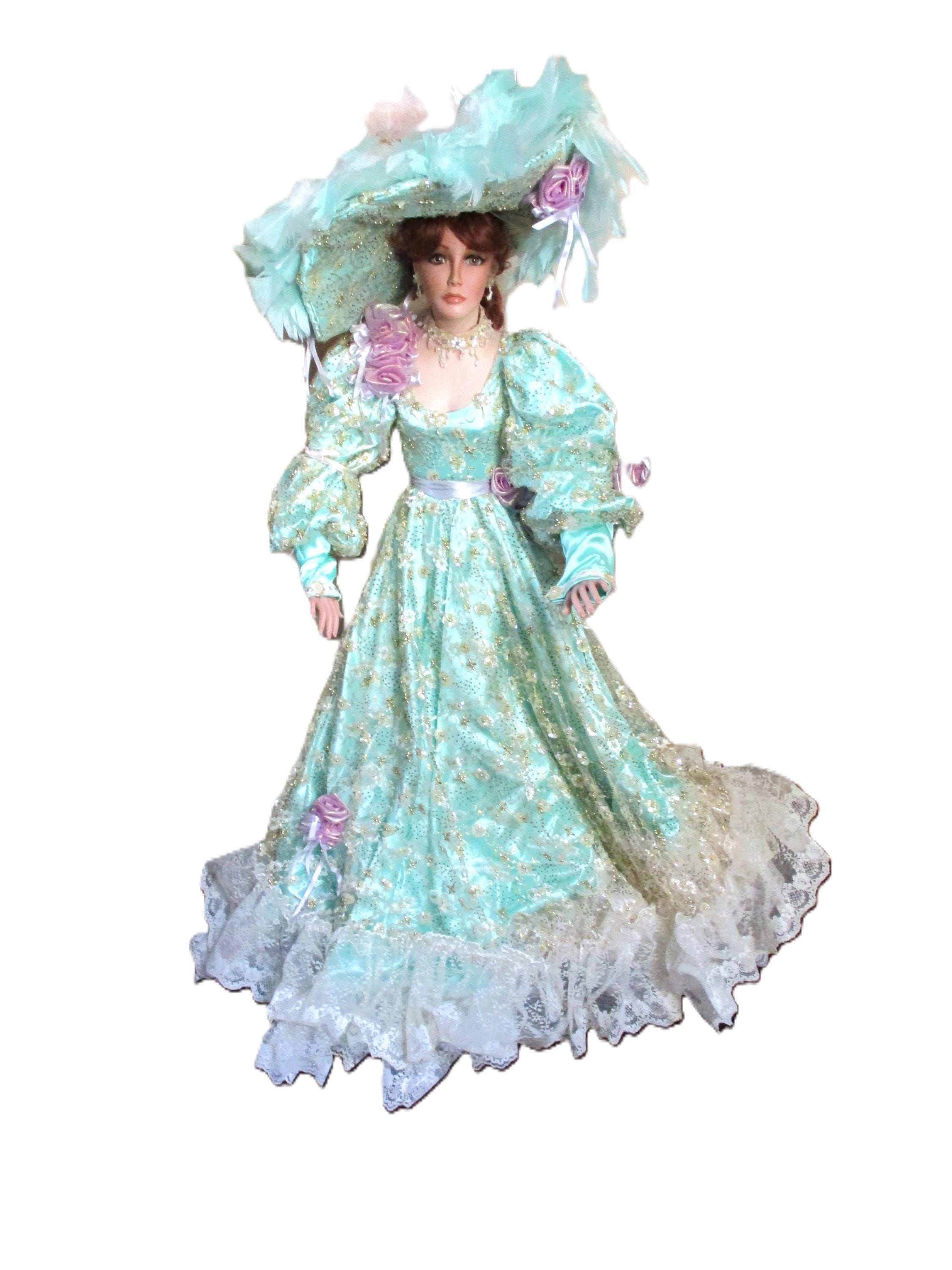 Rustie 1996 Porcelain Doll: Mint Green Satin Lace Gown, Halo Hat