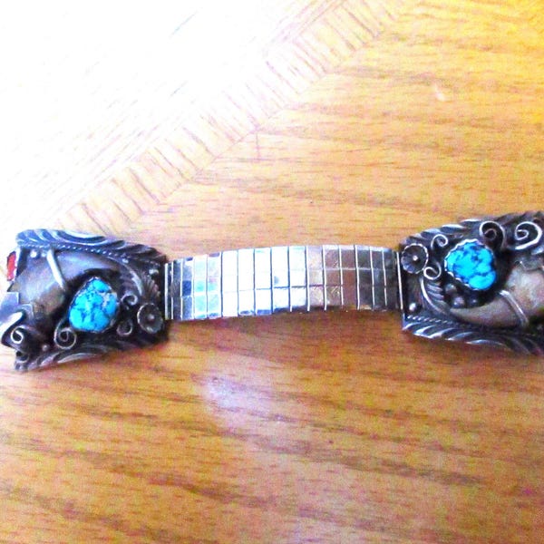 Men's Southwest Sterling Silver Watch Band: Jasper, Turquoise & Coral