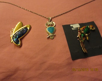 80s Cust Choice Summer Nature Jewelry Abalone Butterfly, Enamel Parrot Gold Filled Pins, Turquoise and Silver Owl Necklace