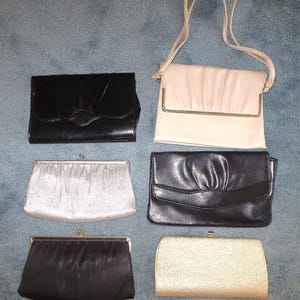 Carteras elegantes para ocasiones especiales: tamaño grande, lamé plateado/dorado con correa de cadena, charol negro, clutch de satén negro, 20 % de descuento en los 4 bolsos