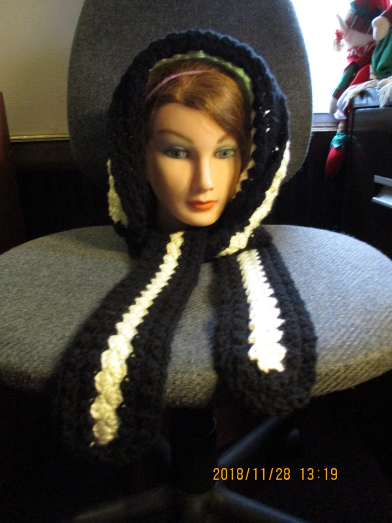 Soft Ivory with Black Trim Hood with Attached Scarf on Each image 0