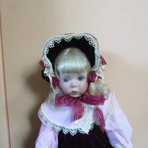 24 Inch Toddler, Caley, in Burgundy Velvet and Pink Porcelain Doll COA, Original Box, White Metal Stand, Blanket, Bonnet, Pristine Condition image 1