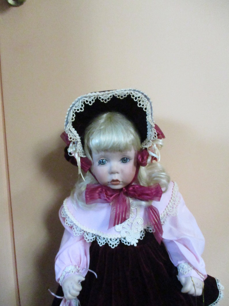 24 Inch Toddler, Caley, in Burgundy Velvet and Pink Porcelain Doll COA, Original Box, White Metal Stand, Blanket, Bonnet, Pristine Condition image 1