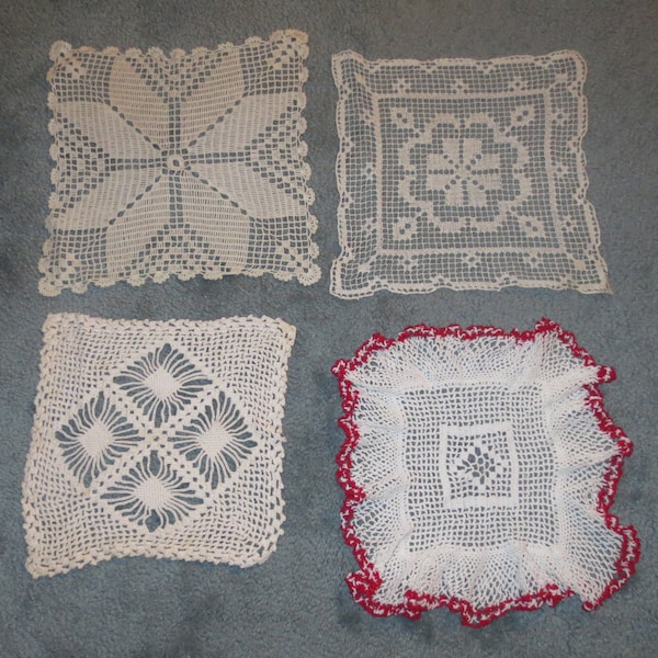 1950s Crocheted Square Doilies: Vintage Handmade Decor, Set of 4