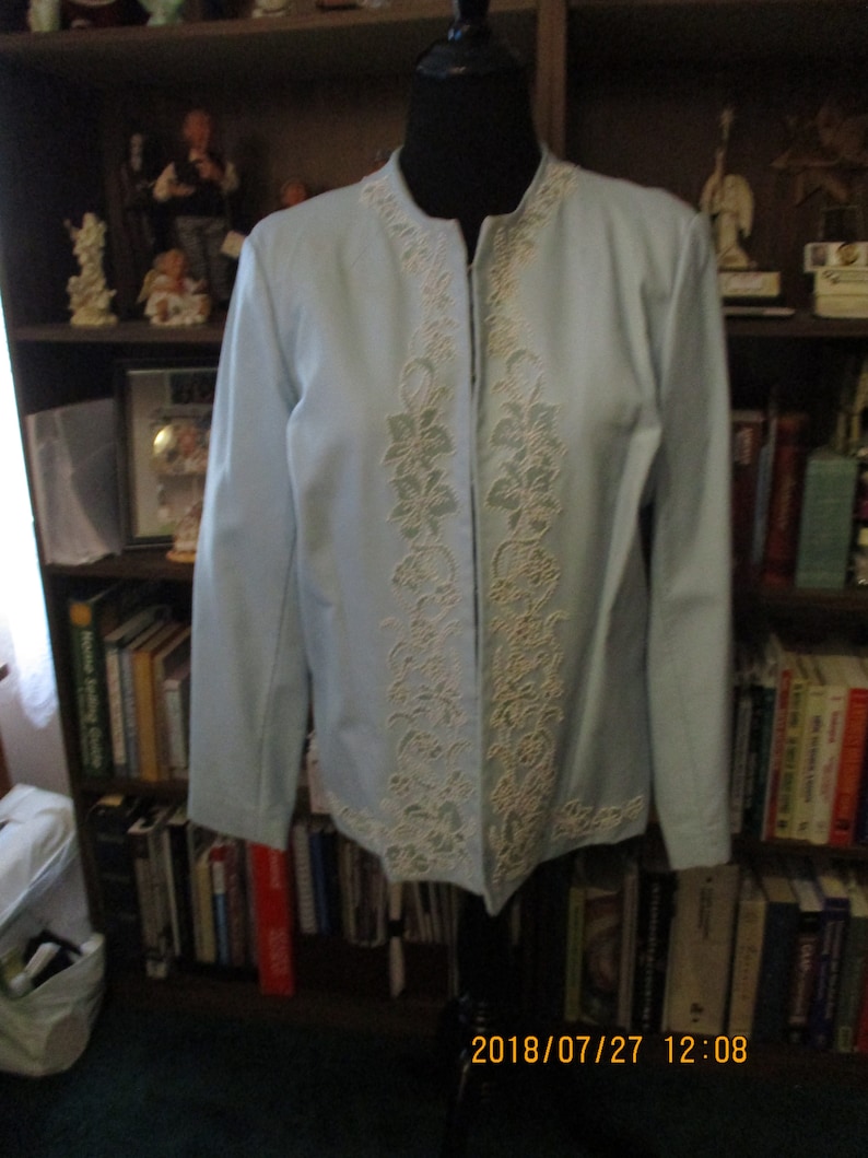Susan Graver Size Large Lined Baby Blue Rayon Beaded Jacket  image 0
