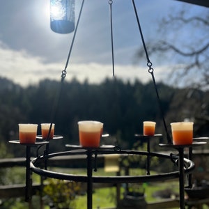 Elegant & Rustic Indoor/Outdoor Chandelier Candle Holder. Tabletop or Hanging 22"wide, 40" hanging.