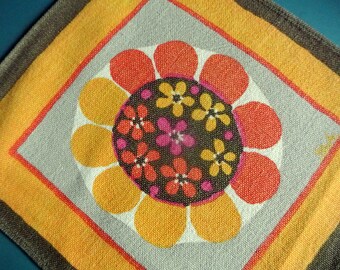 Swedish vintage 1960s printed linen BoWa design tablet tablecloth with orange red brown Kurbits motive on light beige bottomcolor