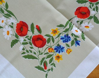 Swedish vintage 1960s printed linen BoWa design tablet tablecloth with orange red brown Kurbits motive on light beige bottomcolor