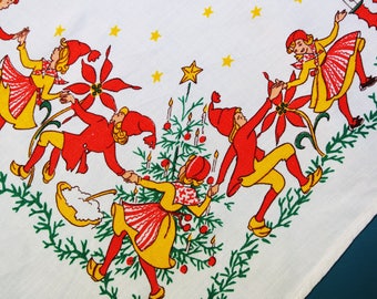 Swedish vintage 1940s printed cotton tablet tablecloth with red/ yellow/ green Christmas dancing motive on white bottomcolor