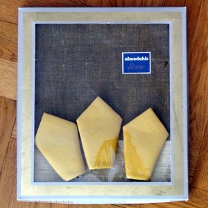 Unused Swedish vintage 1960s Almedahls brown beige square woven linen design tablecloth with 3 mustard yellow tablets, still in original box