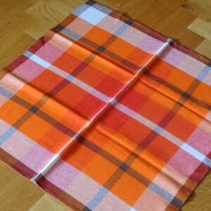 Swedish retro vintage 1970s larger square red/ orange/ brown/ bonewhite woven synthetic tablecloth with checkered patterrn