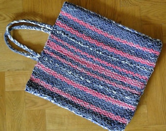 Swedish vintage 1980s HANDMADE handwoven cotton rag rug handbag/ tote bag with striped pattern in pink/ darkblue colors, alike at both sides