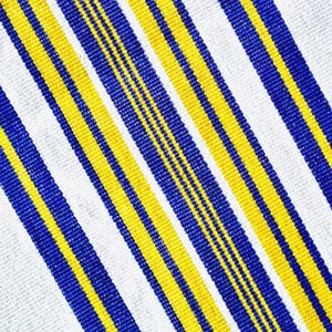 May include: Close-up of a white fabric with diagonal stripes in blue and yellow. The stripes are evenly spaced and create a textured pattern. The fabric appears to be woven.