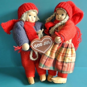 Lot of 2 larger HANDMADE Swedish vintage 1980s wood/stuffed with knitted red/gray wool fabric Christmas decoration Santa Claus Tomte figures
