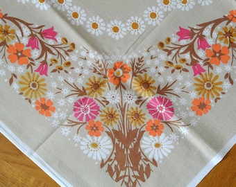 Swedish vintage 1950s larger printed cotton design summer tablecloth with multicolor wildflower motive frame on beige light bottomcolor