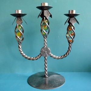 UNIQUE blacksmith HANDMADE Swedish vintage 1980s gray iron metal candleholder for 3 large candle with 9 handmade glass ball inlays