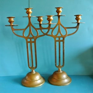 OUTSTANDING Pair of Swedish antique early 1900s ART NEUVAU handmade brass Jugend ornament candleholders w untouched patina for large candles