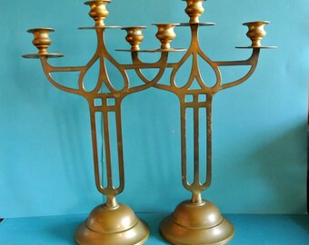 OUTSTANDING Pair of Swedish antique early 1900s ART NEUVAU handmade brass Jugend ornament candleholders w untouched patina for large candles