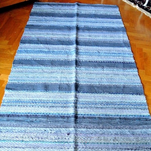 Vintage Handwoven Cotton Rag Rug: 1980s Swedish Stripe Pattern