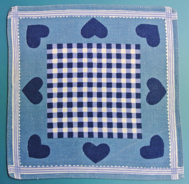 Swedish vintage 1970s printed cotton design tablet tabelcloth with heart checkered motive on light blue bottomcolor