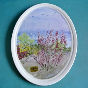 Swedish retro vintage 1980s oval Rörstrand Carl Anton signed nature motive ceramic white frame wall plaque