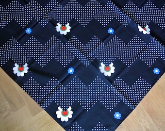 Swedish vintage 1970s large printed fabric cotton design tablecloth with multicolor flower motive on black bottomcolor