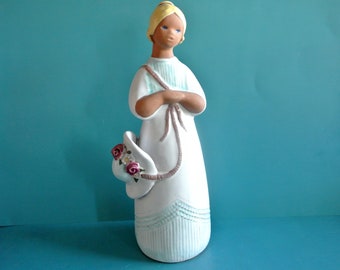 LARGE Swedish vintage 1980s marked Jie Gantofta Edit Risberg design handmade ceramic young woman with flower hat figurine