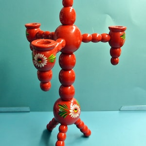 Large Swedish vintage 1980s HANDMADE handpainted red wood Christmas candleholder for 3 large candles, made after old original