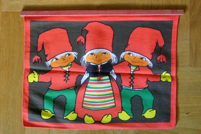 Vintage 1960s unused linenprepared cotton design Santa Claus motive wallhanging in strong colors and with red wood hanger