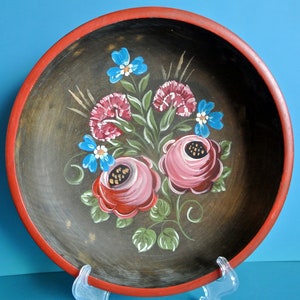 Swedish vintage 1940s HANDMADE brown wood low bowl with multicolor handpainted country-folk rose flower motive paintings and red edge