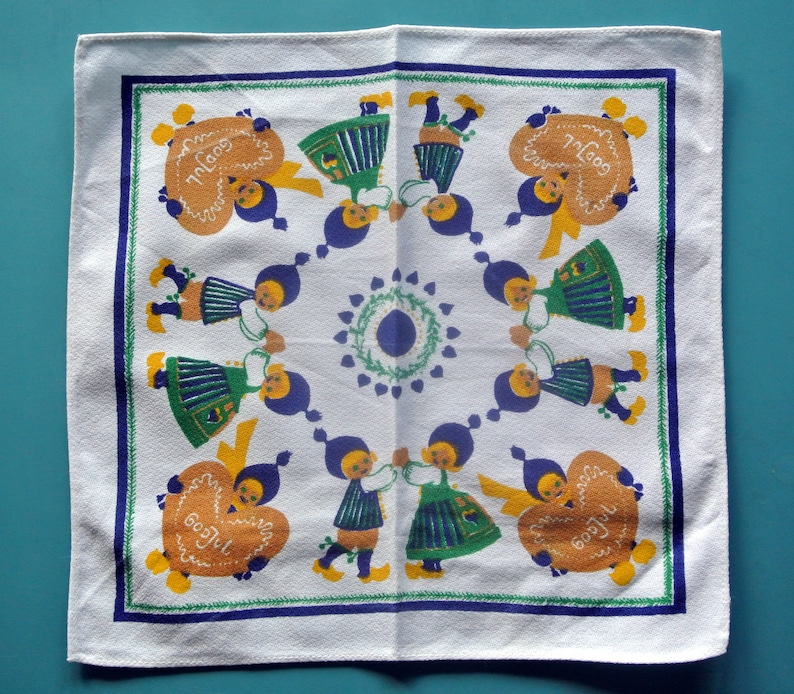 Swedish vintage 1960s small printed cotton christmas design tablet tablecloth with folkdance pairs Christmas motives