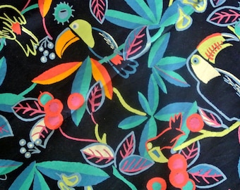 LARGE Swedish vintage 1980s printed cotton fabric Anne Norin design for IKEA wallhanging with multicolor parrot motive on black bottomcolor