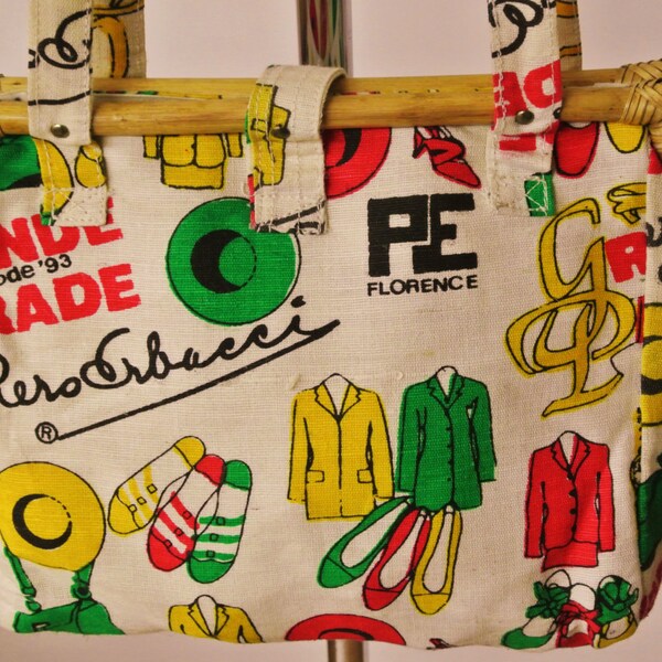 Cute vintage 1993s Florence souvenir printed linen shoulderbag with funny accessoir motives