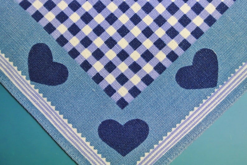 Swedish vintage 1970s printed cotton design tablet tabelcloth with heart checkered motive on light blue bottomcolor