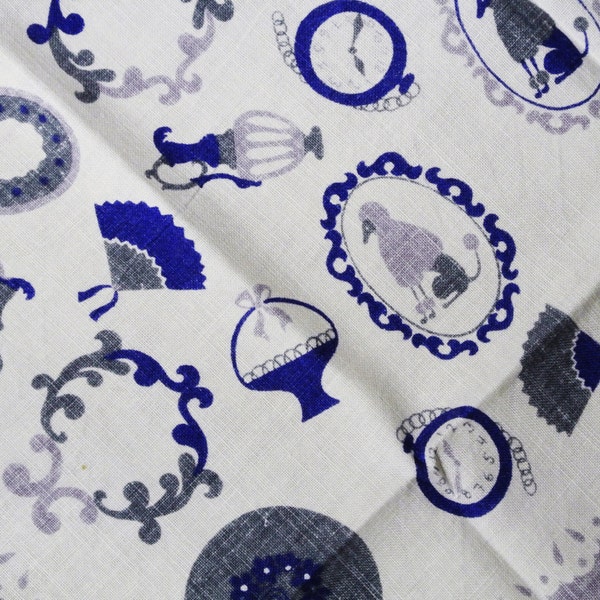 Rare unusual Swedish retro vintage 1950s large light lilac/ white home items motive on linen fabric tablecloth