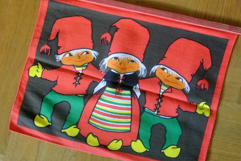 Vintage 1960s unused linenprepared cotton design Santa Claus motive wallhanging in strong colors and with red wood hanger