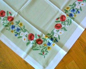 1950s Swedish Vintage Cotton Tablecloth: Floral Print, Beige