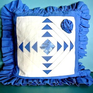 Vintage 1970s Swedish Handmade Patchwork Pillow: Blue Cotton Flounce