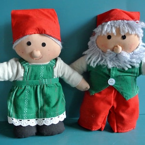 Pair of HANDMADE Swedish vintage 1980s red/ green cotton fabric Christmas decoration stuffed Santa Claus Tomte-far/ Tomte-mor figures