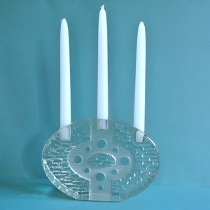RARE highly unusual vintage 1960s SWEDEN HANDMADE larger heavvy moulded sacral motive clear glass candleholder for 3 large candles