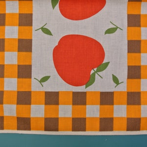 Swedish retro vintage 1970s unused printed rectangular cotton tablet tabelcloth with red apple pattern and yellow/ brown checkered frame
