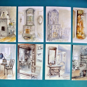 Lote de 8 postales suecas de papel impresas sin usar de la década de 1990 con motivo interior antiguo en acuarela de Kerstin Westin sobre fondo blanco