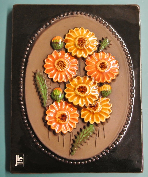Vintage 1960s Swedish Ceramic Wall Plaque: Orange Flower Design by