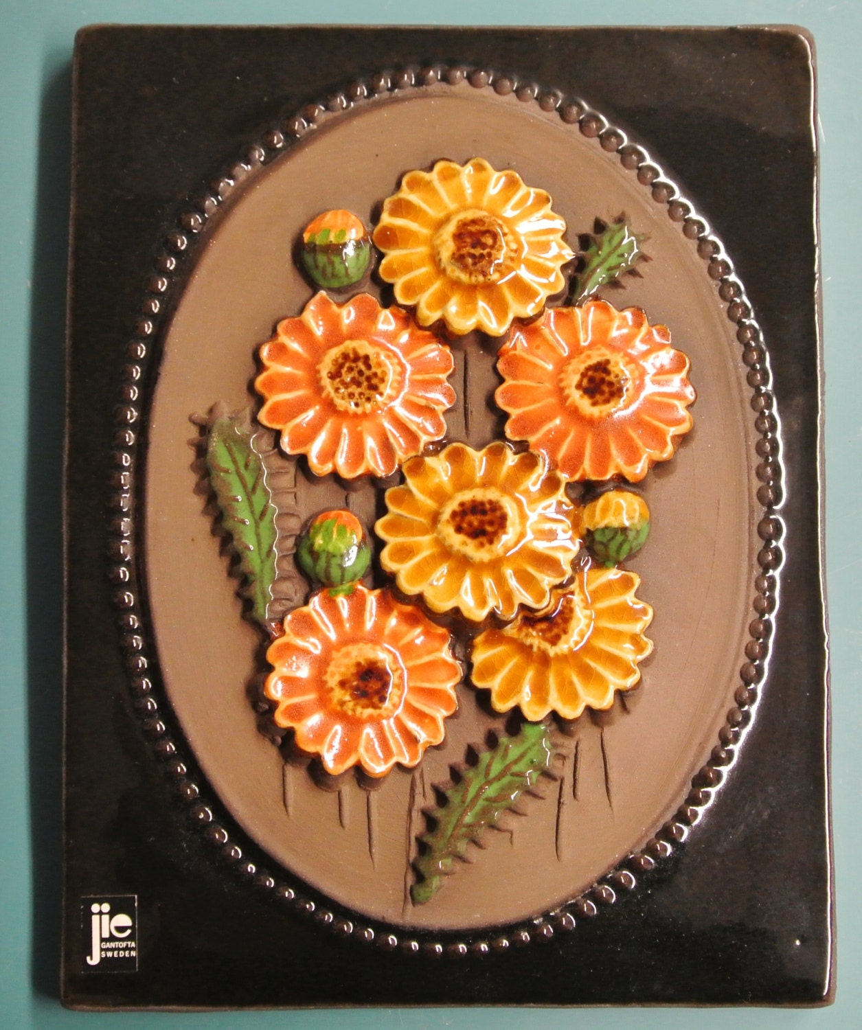 Vintage 1960s Swedish Ceramic Wall Plaque: Orange Flower Design by