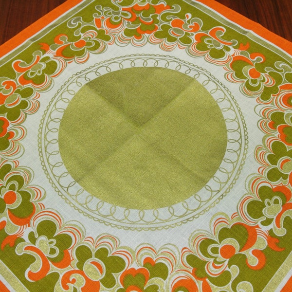 Swedish retro vintage 1960s unused linen Buhler design table-cloth with orange/gold/mustard abstract circle motive on bone white/gold bottom