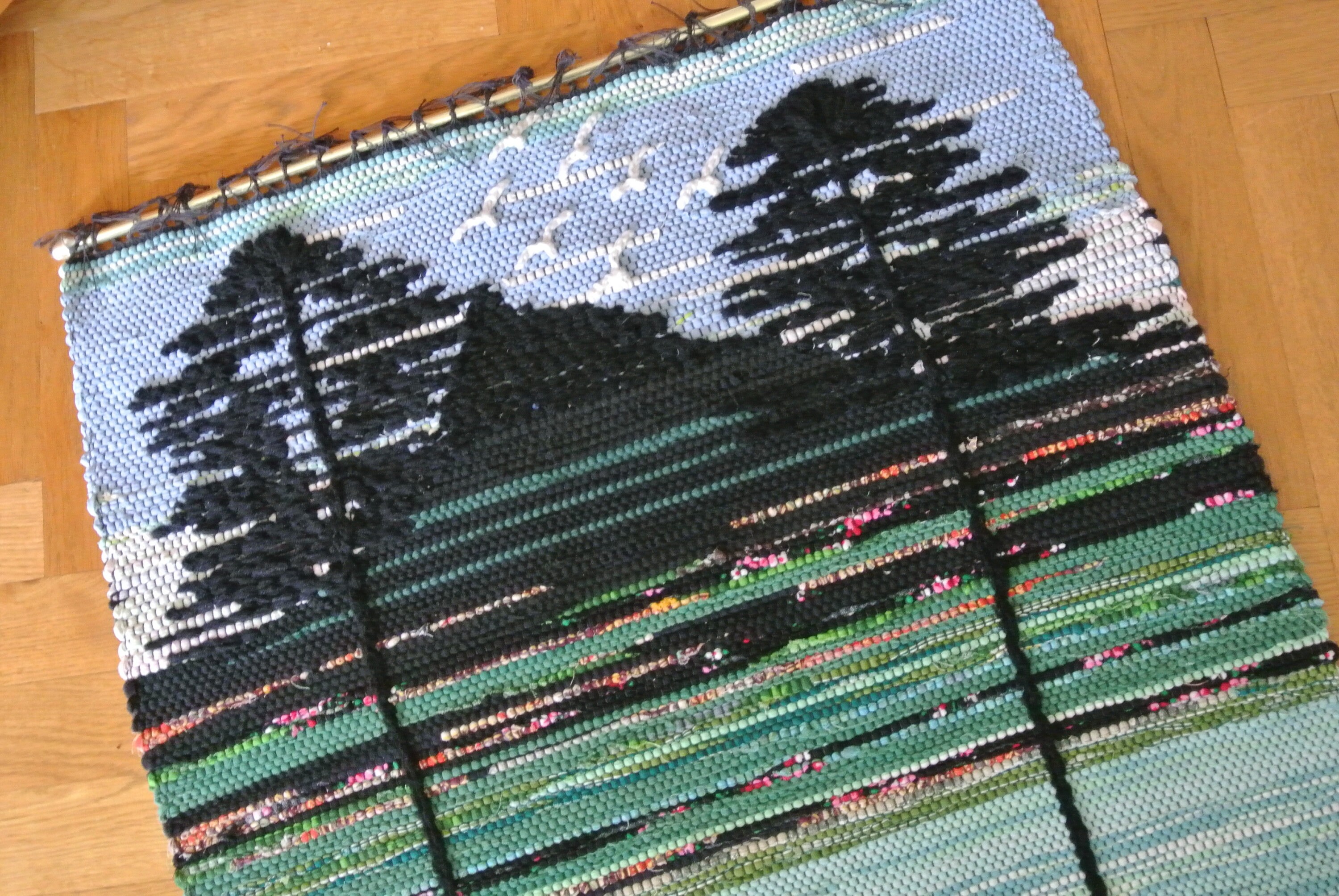 Vintage 1970s Handwoven Cotton Rag Rug Wall Hanging: Landscape Art