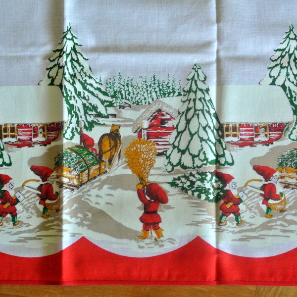 Swedish vintage 1970s cotton curtain valance with large printed Christmas Santa Claus/ sleighride/ vinter countryside motive on white bottom