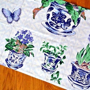 Cenefa de cortina de algodón sueco vintage: estampado de macetas azules y verdes