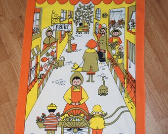 Swedish retro vintage 1960s printed cotton orange/ yellow design Ullas towel curtain with street sale motive