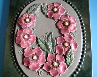 Swedish vintage 1960s jie Gantofta larger ceramic wall plaque with pink flowers, design by Aimo Nietosvuori.